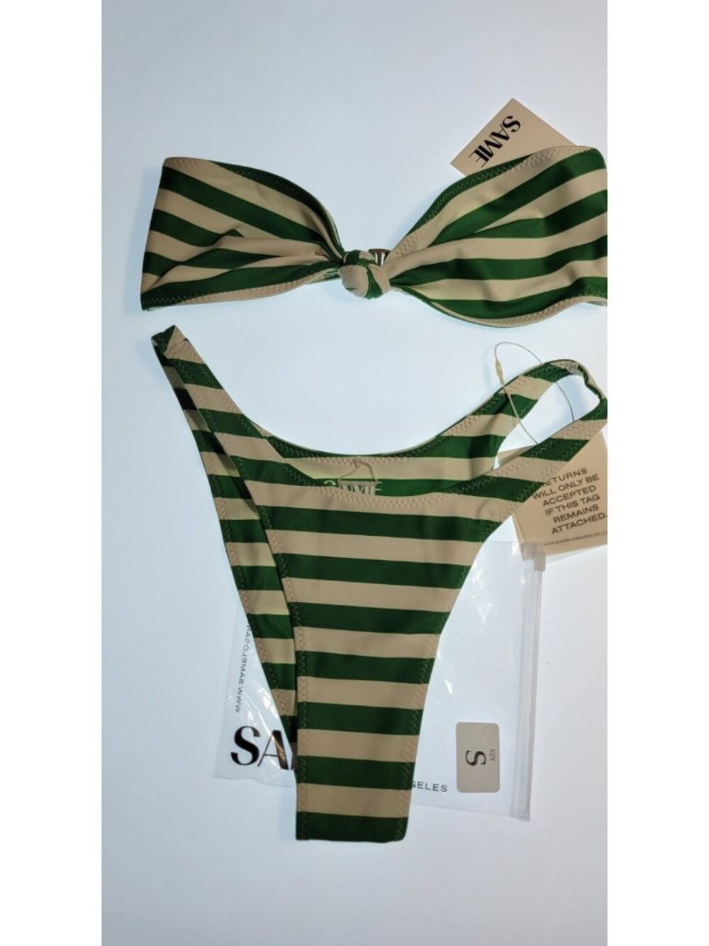 SAME Los Angeles Striped Bandeau Bikini Set High Cut Bottom Size S NWT